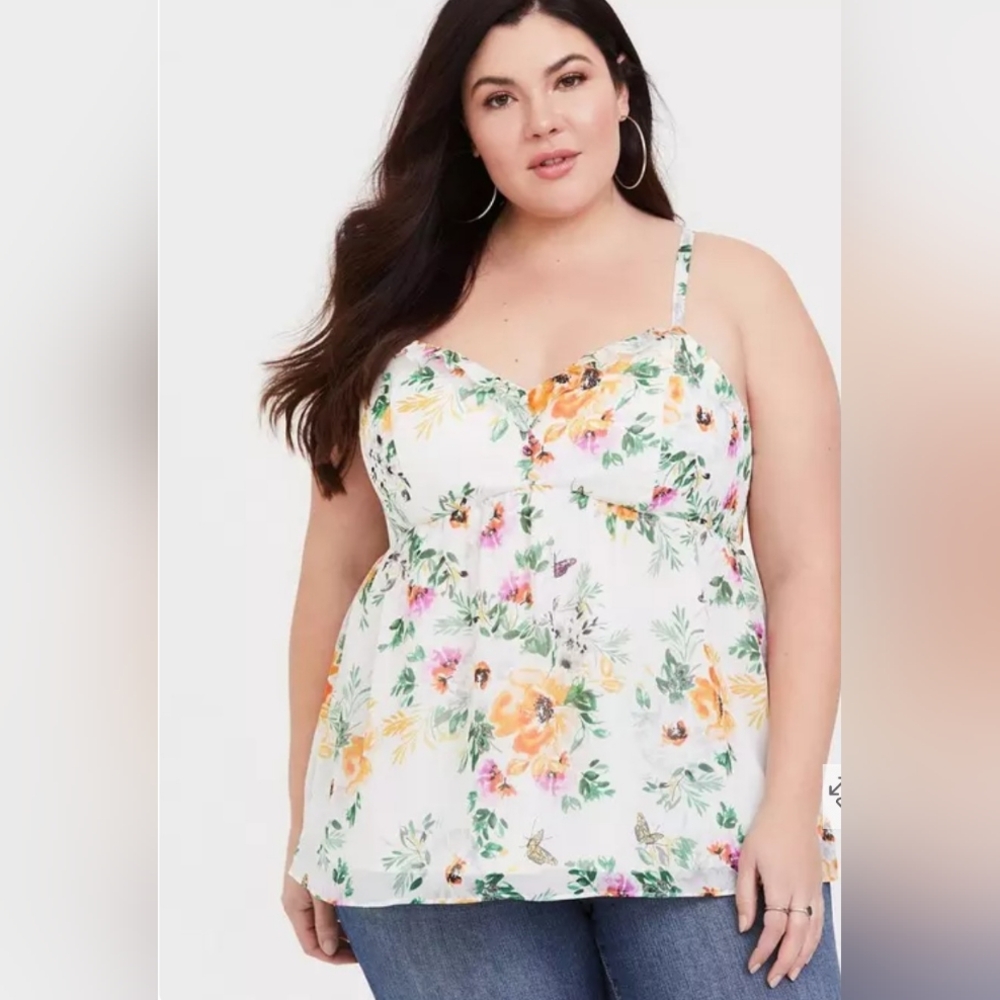 Torrid Summer Ivory Floral Chiffon Babydoll Cami- Sz 3